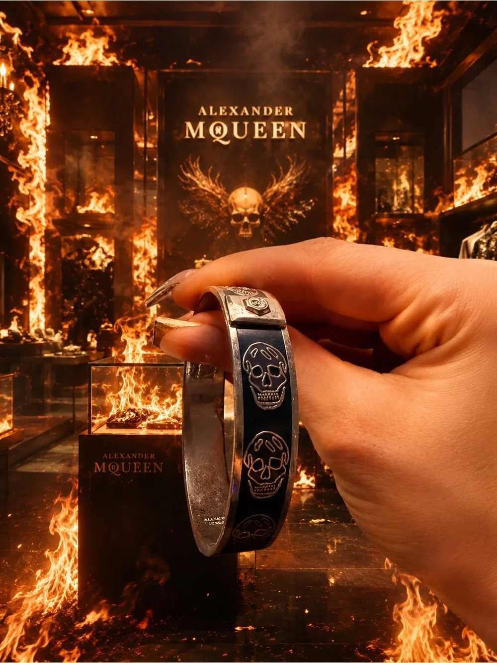 Alexander McQueen Black Skull-Engraved Bangle